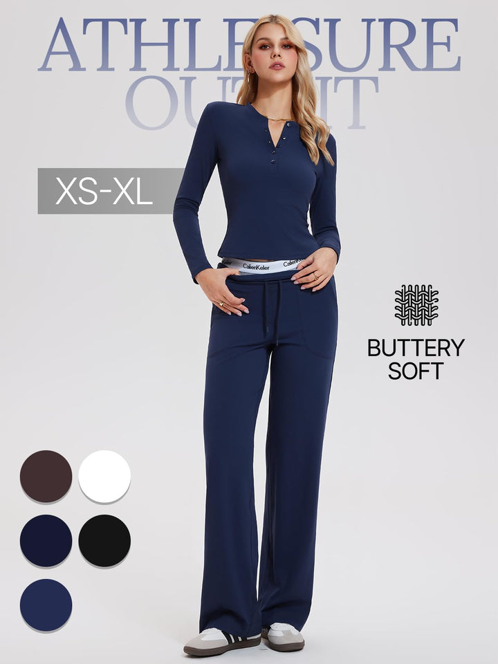 Womens Henley Y2K Lounge Sets 2 Piece Outfit Airport Travel Tracksuit Sweatsuit Outfits Tall Matching Set High Waist Pants